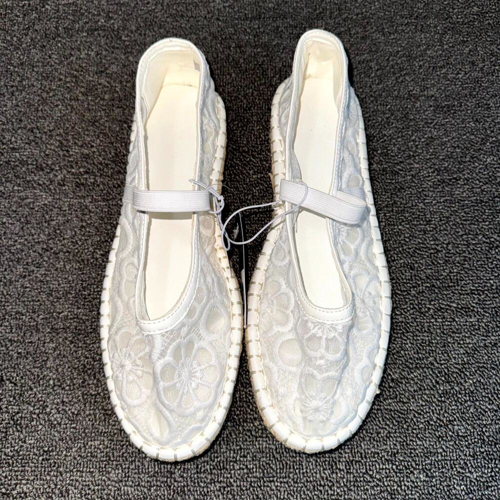 NWT Universal Thread Mary Jane Espadrille Flats Womens 9 White Floral Lace Mesh